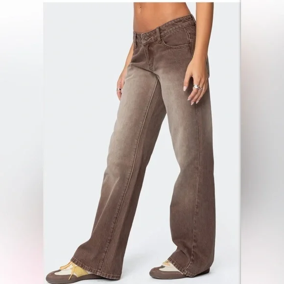 Edikted Brown Flare Wide Leg Jeans with Vintage Look NWT - Picture 4 of 8